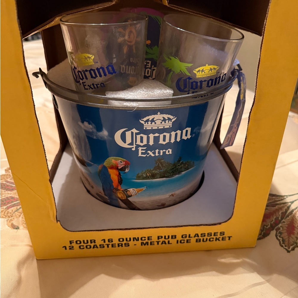 Corona Extra Tropical Ice Bucket, glass set (4) and coasters